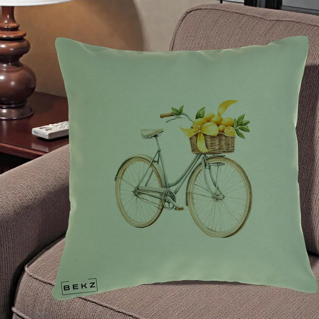 Perna Decorativa Bicicleta cu Cos de Lamai Mediteranean, 40x40 cm, Verde, Husa Detasabila, Perna Inclusa, BEKZ®