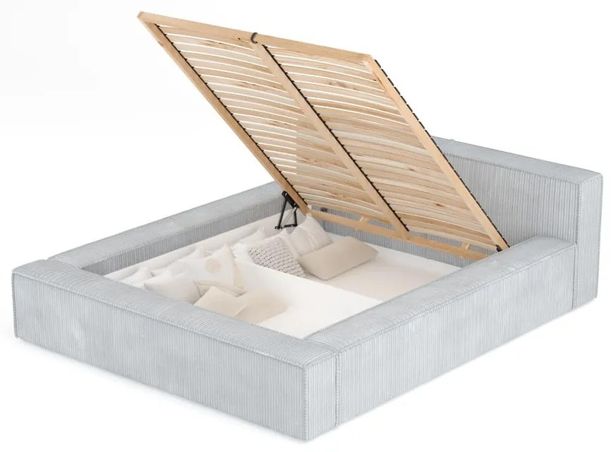 Pat matrimonial gri deschis tapițat cu spațiu de depozitare cu somieră 180x200 cm Voliera – Maison de Rêve