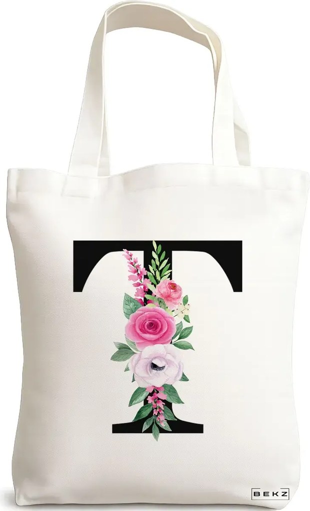 Sacosa de Panza pentru Cumparaturi, Geanta Tote, Cu litera T si Trandafiri, 38x34.5 cm, Alba, BEKZ®