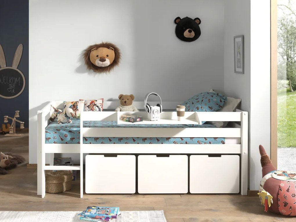 Dormitor Pino ALB 90x200 cm – Echilibru perfect cu scară, 3 sertare & raft suspendat | Gama PINO