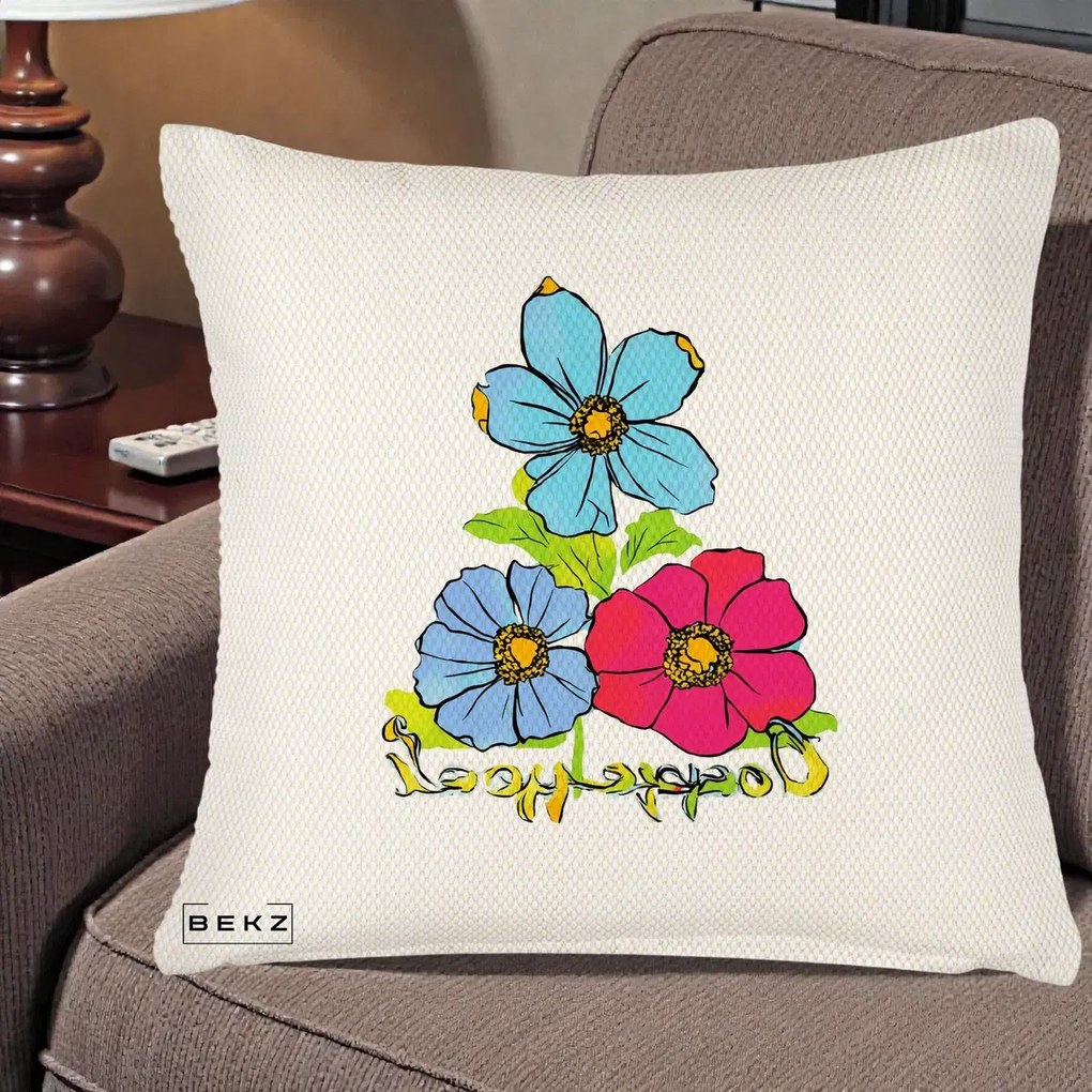 Perna Decorativa Trei Flori Grafice Pop Art, 40x40 cm, Crem Reliefat, Husa Detasabila, Perna Inclusa, BEKZ®