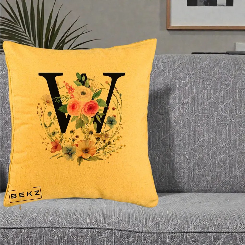 Cadou Personalizat - Perna Personalizata Monograma Florala Litera W, 40x40 cm, Galben, Husa Detasabila, Perna Inclusa, BEKZ®