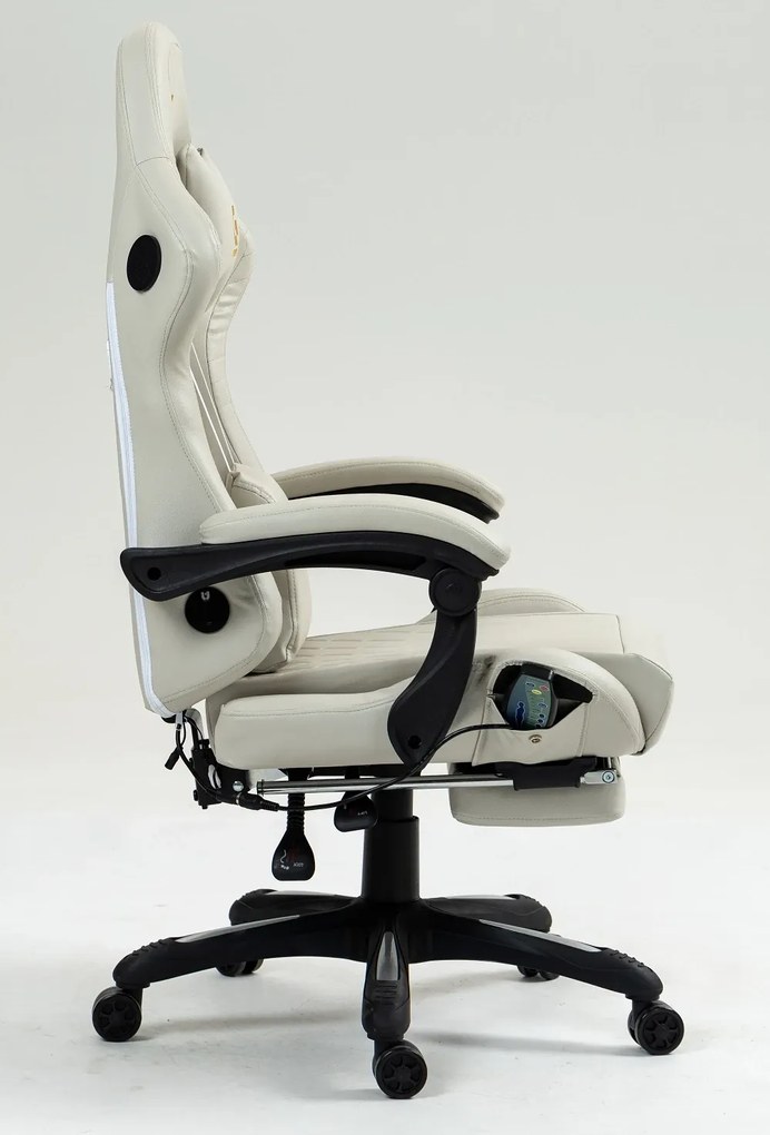 Scaun gaming, Masaj in 7 puncte, Boxe Bluetooth, funcție șezlong, 90-155 grade, suport picioare, PU, Alb Crem