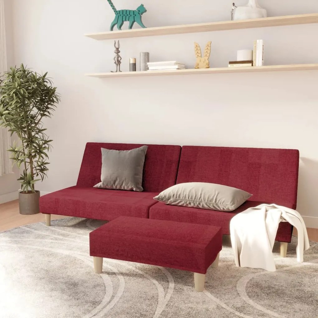 Canapea extensibilă cu 2 locuri şi taburet, roșu vin, textil