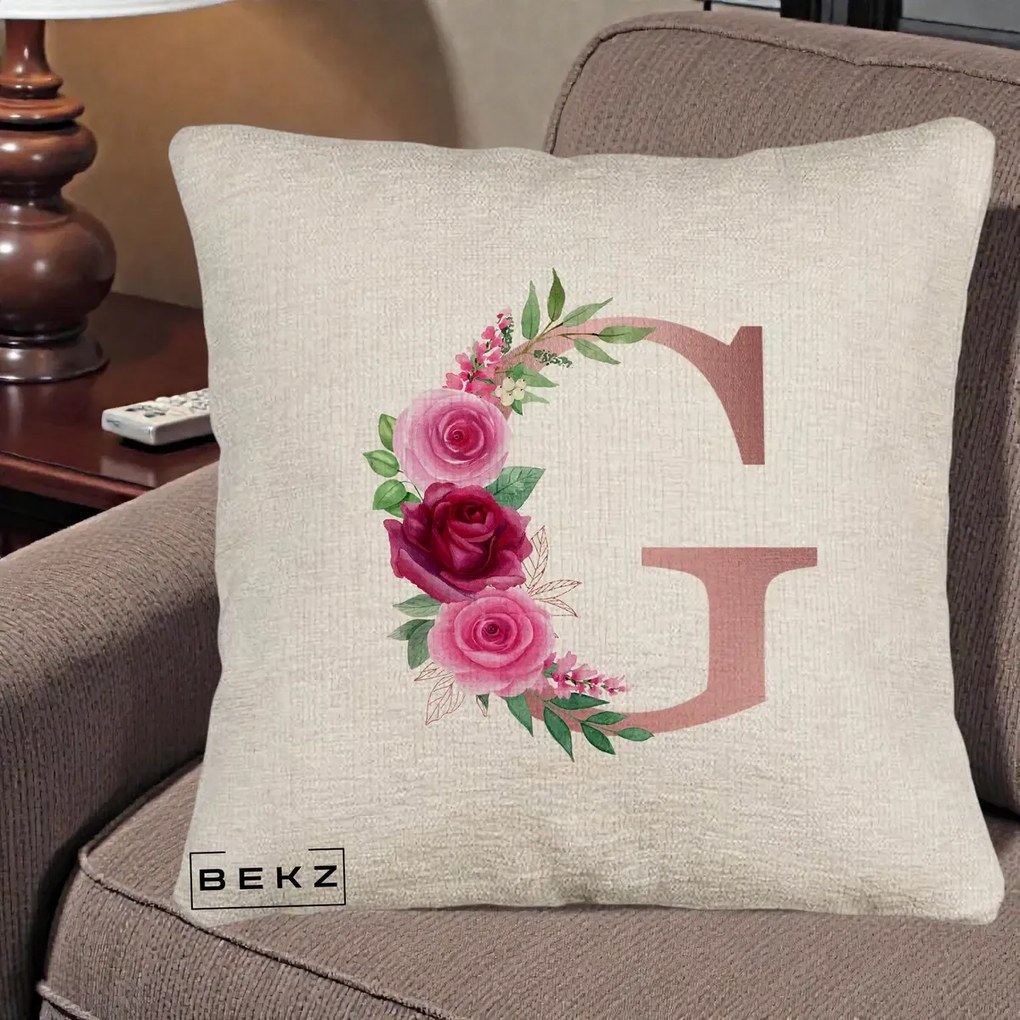 Cadou Personalizat - Perna Personalizata Monograma Rose Gold Litera G, 40x40 cm, Bej Canapea, Husa Detasabila, Perna Inclusa, BEKZ®