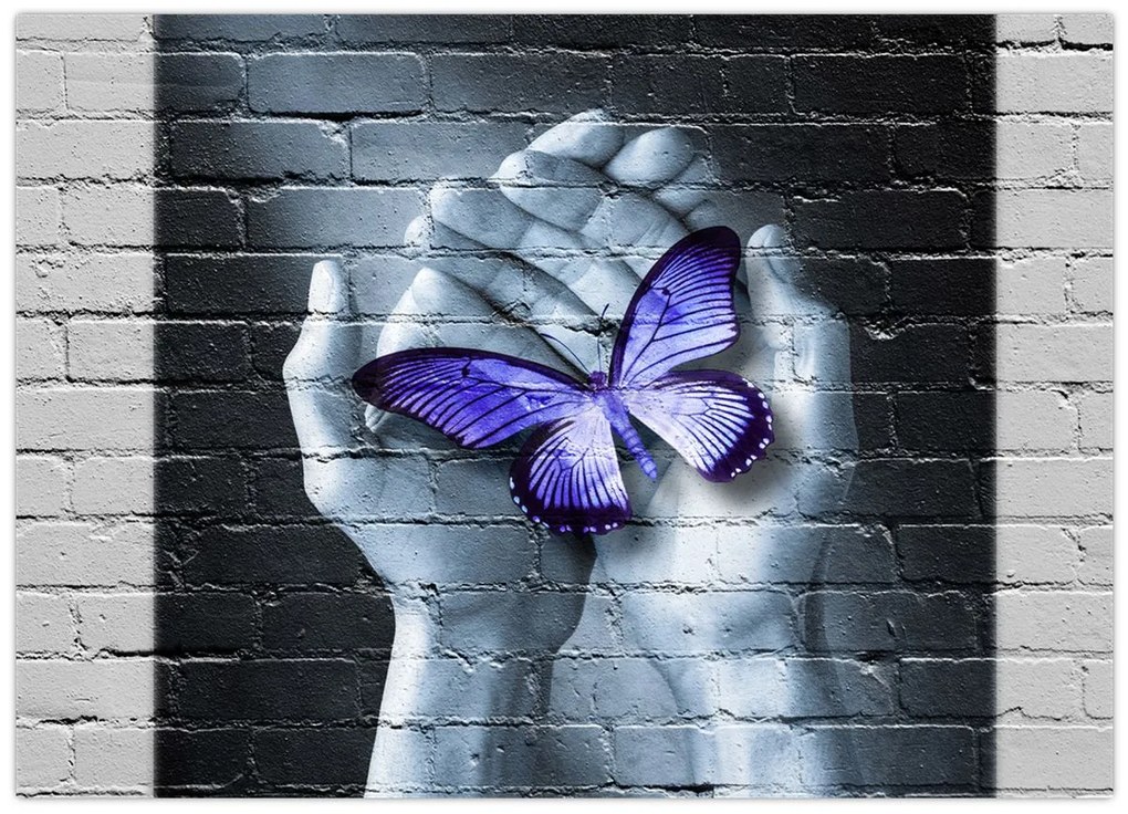 Tablou pe sticlă - Fluture violet pe perete (70x50 cm)