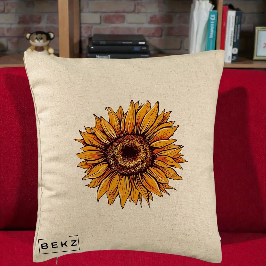 Perna Decorativa Floarea Soarelui Vibranta, 40x40 cm, Bej, Husa Detasabila, Perna Inclusa, BEKZ®