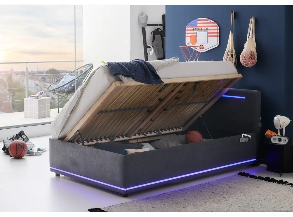 Pat pentru copii gri închis tapițat cu spațiu de depozitare cu somieră 120x200 cm Circle – Meise Möbel