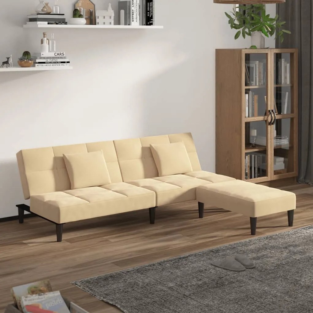 3080633 vidaXL Canapea extensibilă 2 locuri, 2 perne/taburet, crem, catifea