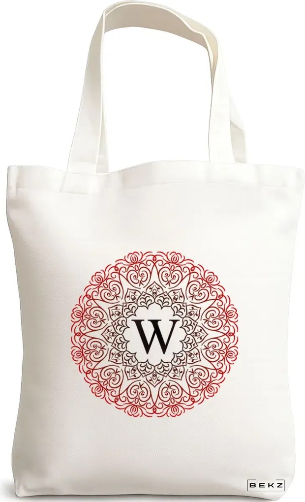 Sacosa de Panza pentru Cumparaturi, Geanta Tote, Cu litera W si Mandala, 38x34.5 cm, Alba, BEKZ®
