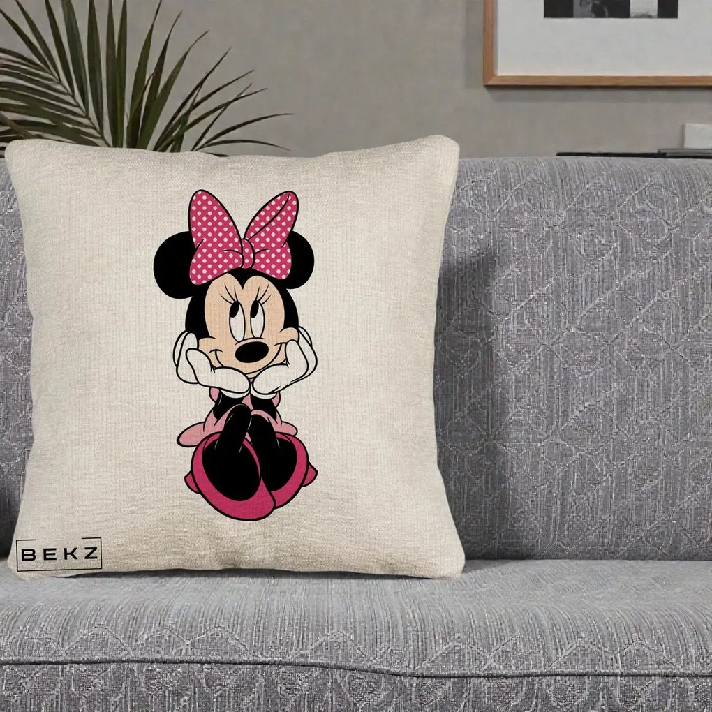 Perna Personalizata Minnie Mouse cu Fundita, 40x40 cm, Bej Canapea, Husa Detasabila, Perna Inclusa, BEKZ®