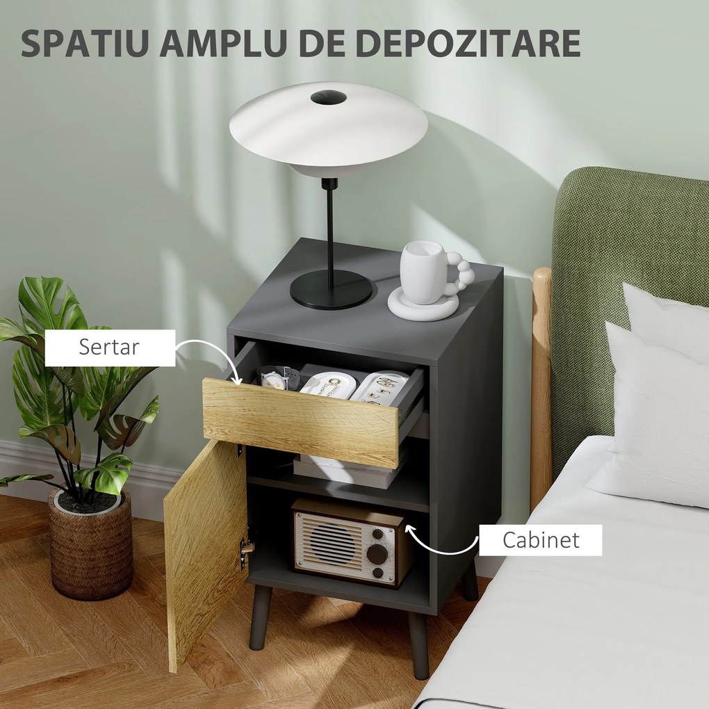 HOMCOM Noptieră Modernă cu Sertar și Dulăpior fără Mânere Gri Închis | Aosom Romania
