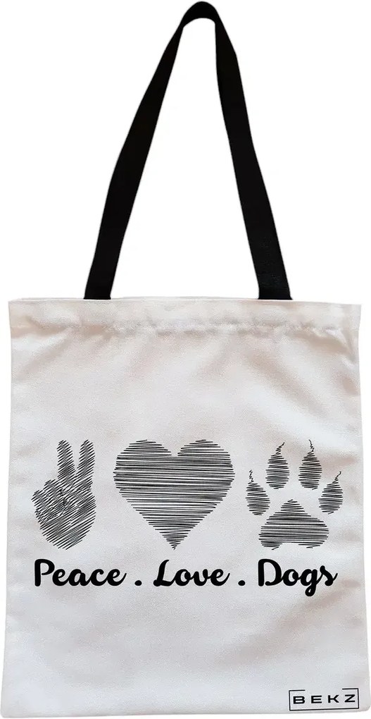 Sacosa de Panza pentru Cumparaturi, Geanta Tote, model Peace Love Dogs, Cu fermoar, 38x34.5 cm, Alba, BEKZ®