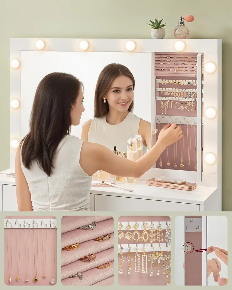 SEA803 - Set Masa toaleta 125 cm, cu dulapior Bijuterii, Priza si USB, cosmetica, machiaj, oglinda cu LED, masuta vanity - Alb