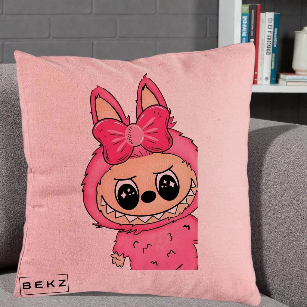 Perna Personalizata Labubu Roz cu Funda, 40x40 cm, Roz, Husa Detasabila, Perna Inclusa, BEKZ®