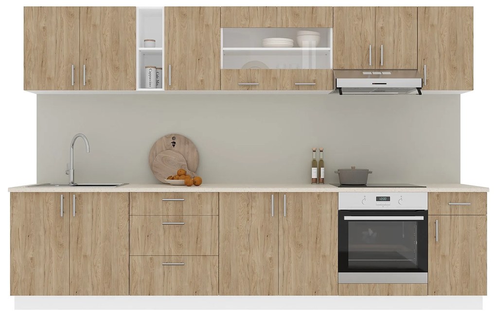 Set Bucatarie Karo V28, Lemn Natural/Alb, Blat Thermo 28 mm, L 320 cm