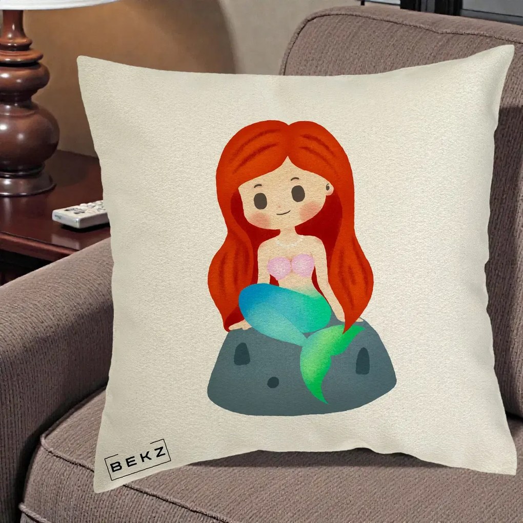 Perna Personalizata Sirena Kawaii Roscat, 40x40 cm, Ecru, Husa Detasabila, Perna Inclusa, BEKZ®