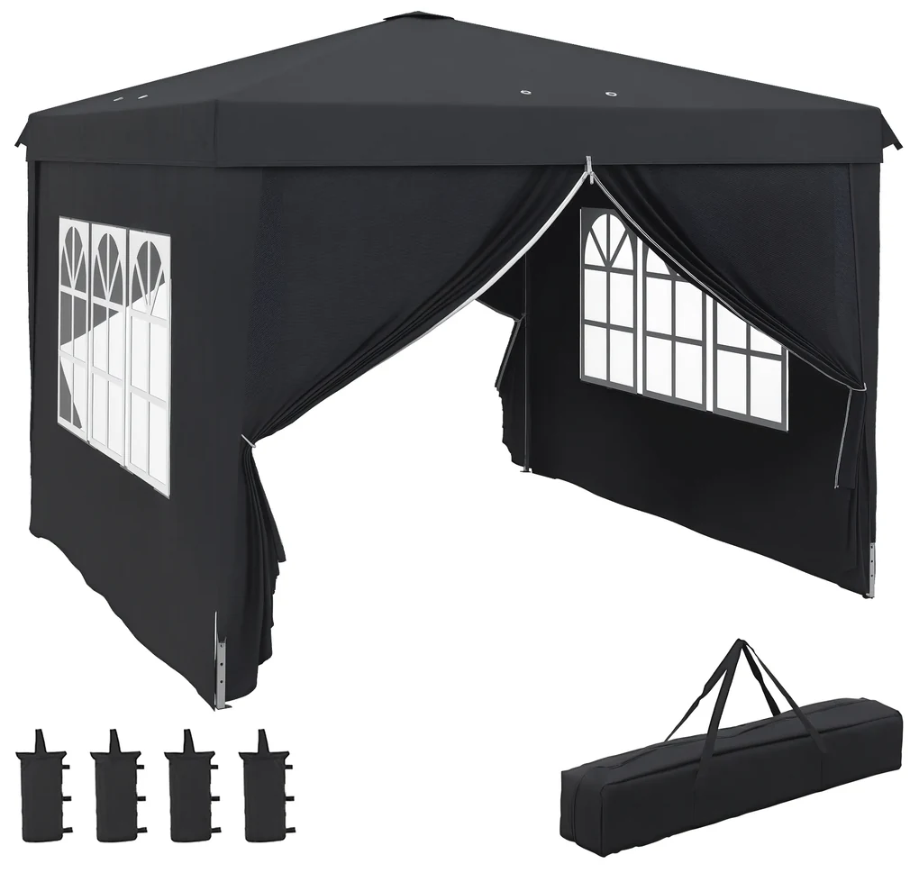 Outsunny Cort cu Copertina Pliabila de 3x3m, Adapost pentru Soare, Reglabil in Inaltime, Geanta de Transport si Saci de Nisip pentru Exterior, Gri