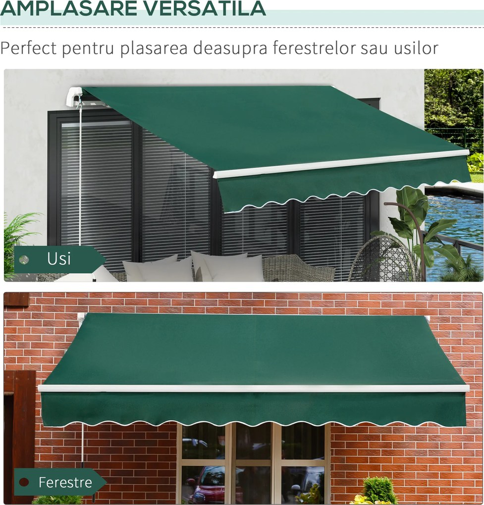 Copertină Retractabilă Manuală Outsunny pentru Verandă, 3x2 m, Verde | Aosom Romania