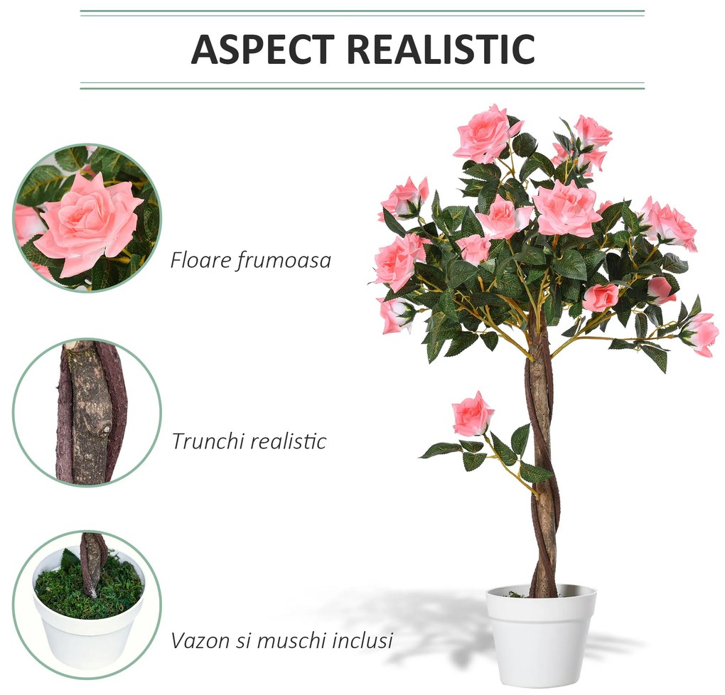 Outsunny Plantă Artificială de Trandafiri cu 21 de Flori, Ghiveci Umplut cu Ciment și Mușchi, Ø18x90 cm, Roz | Aosom Romania