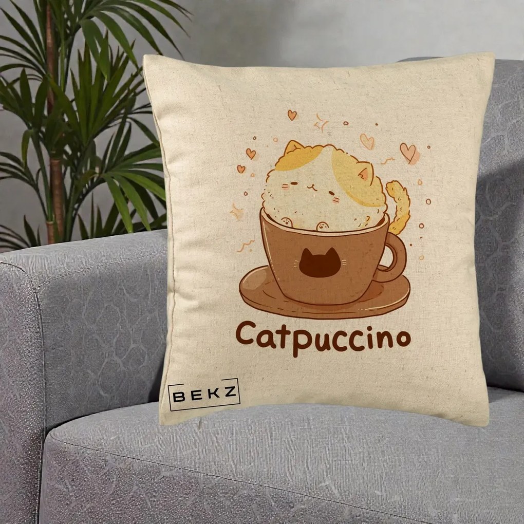 Perna Decorativa Catpuccino Pisica Cappuccino, 40x40 cm, Bej, Husa Detasabila, Perna Inclusa, BEKZ®