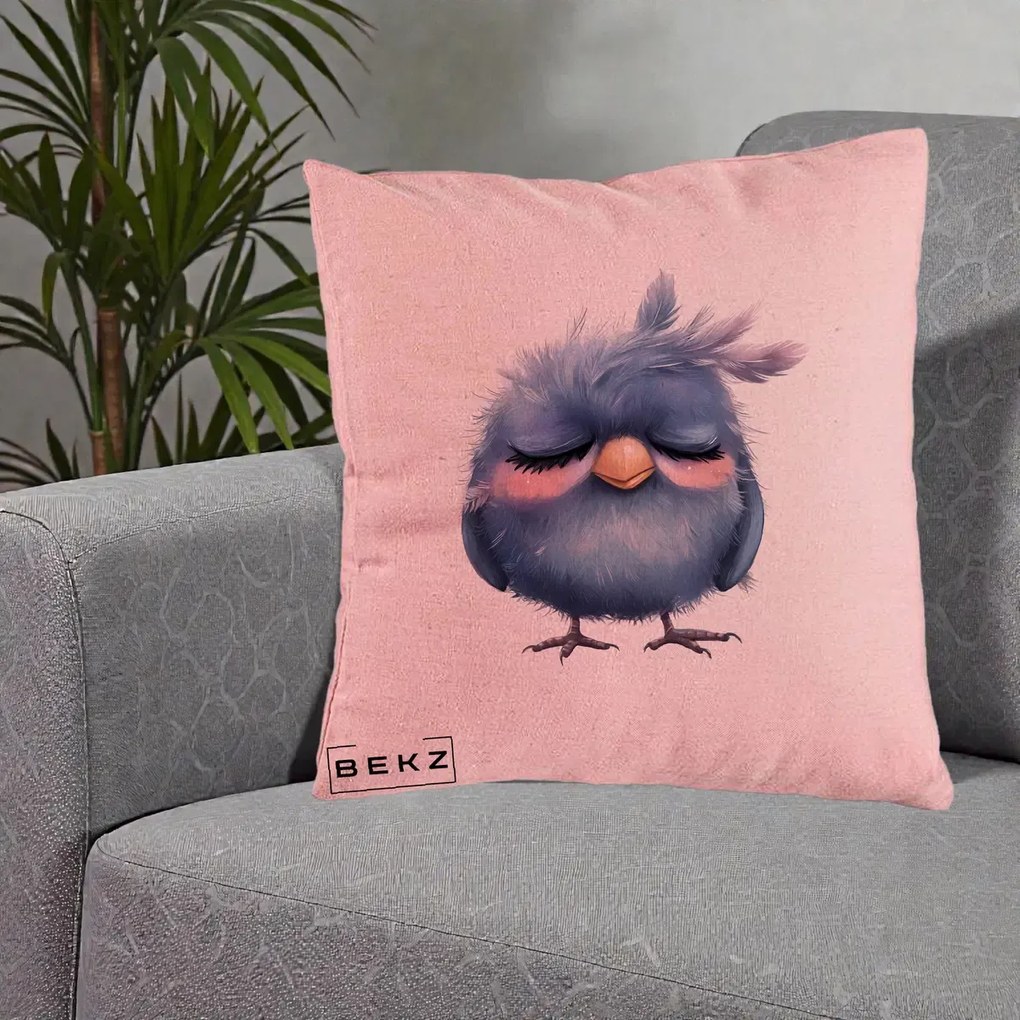 Perna Decorativa Pui Adormit Albastru, 40x40 cm, Roz, Husa Detasabila, Perna Inclusa, BEKZ®