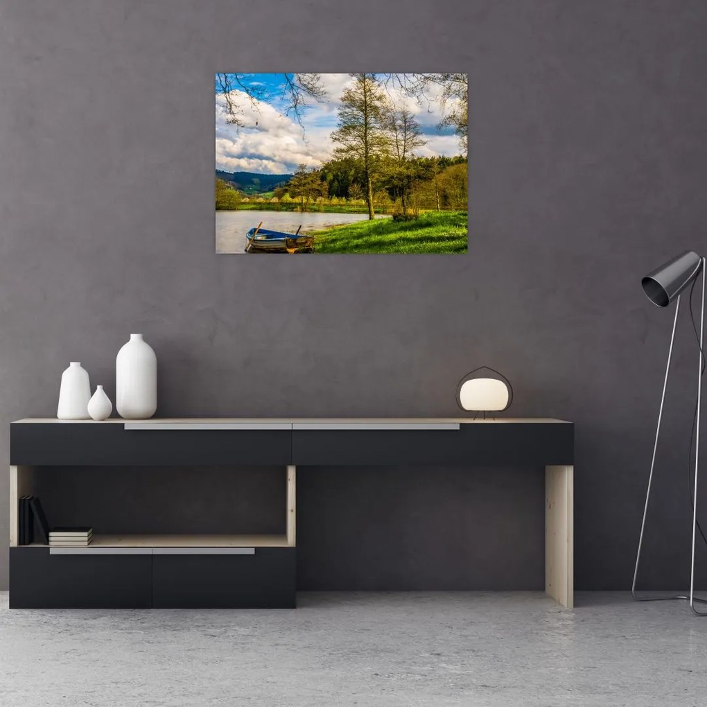 Tablou pe sticlă - Barcă pe lac (70x50 cm)