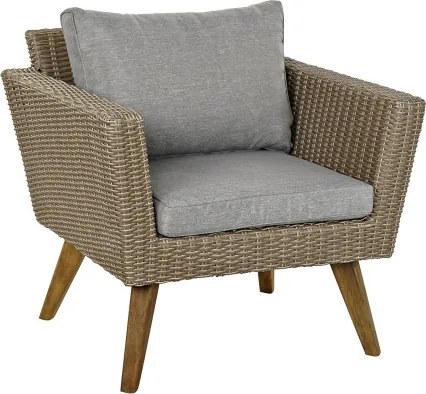 Set lounge exterior din rattan sintetic și structură din lemn și oțel cu canapea, 2 fotolii, masă și perne, finisaj bej-gri, „Zahara
