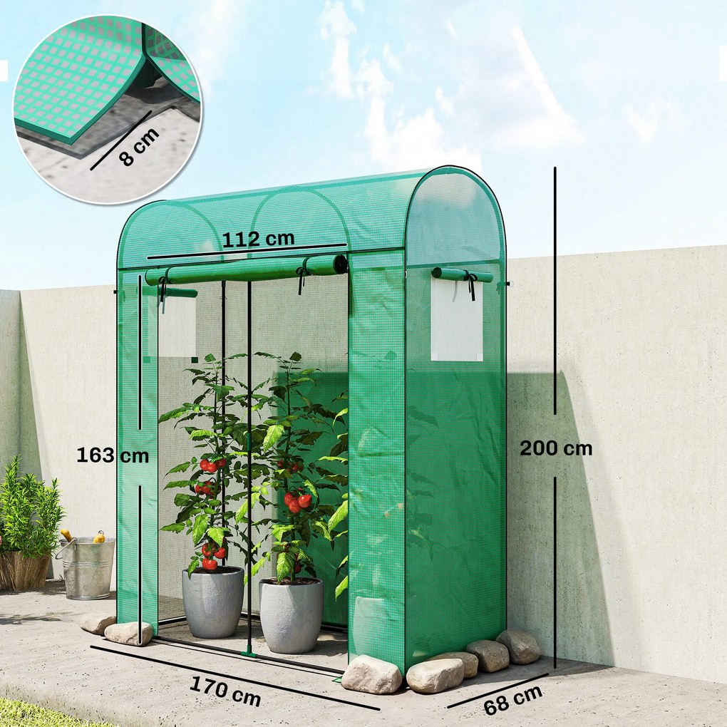 Outsunny Sera de Balcon cu Ușă și Ferestre Rulante, Sera pentru Grădină cu Structură din Oțel și Acoperiș PE, pentru Plante, Legume, Flori, Fructe, Anti UV, 170x68x200 cm, Verde | Aosom Romania