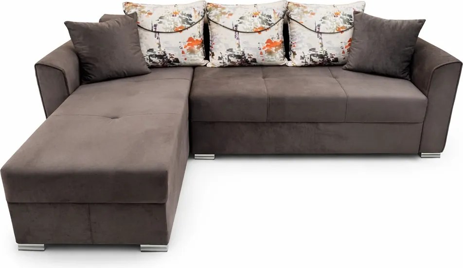 Coltar Lori, 4 locuri, cu 2 lazi de depozitare, catifea, 260x95x80 cm, culoare maro Dreapta, catifea, Maro + Crem