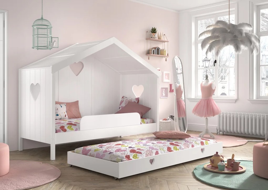 Sertar Pat AMORI pentru Copii, 90x190 cm, Alb (Pin Scandinavian și MDF), Design Romantic – Vipack