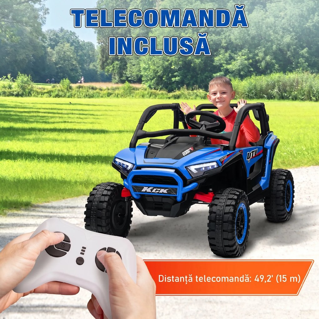 AIYAPLAY Mașină Electrică pentru Copii cu 2 Locuri, 3 Viteze, Muzică și Telecomandă, 117x72x67 cm, Albastru | Aosom Romania