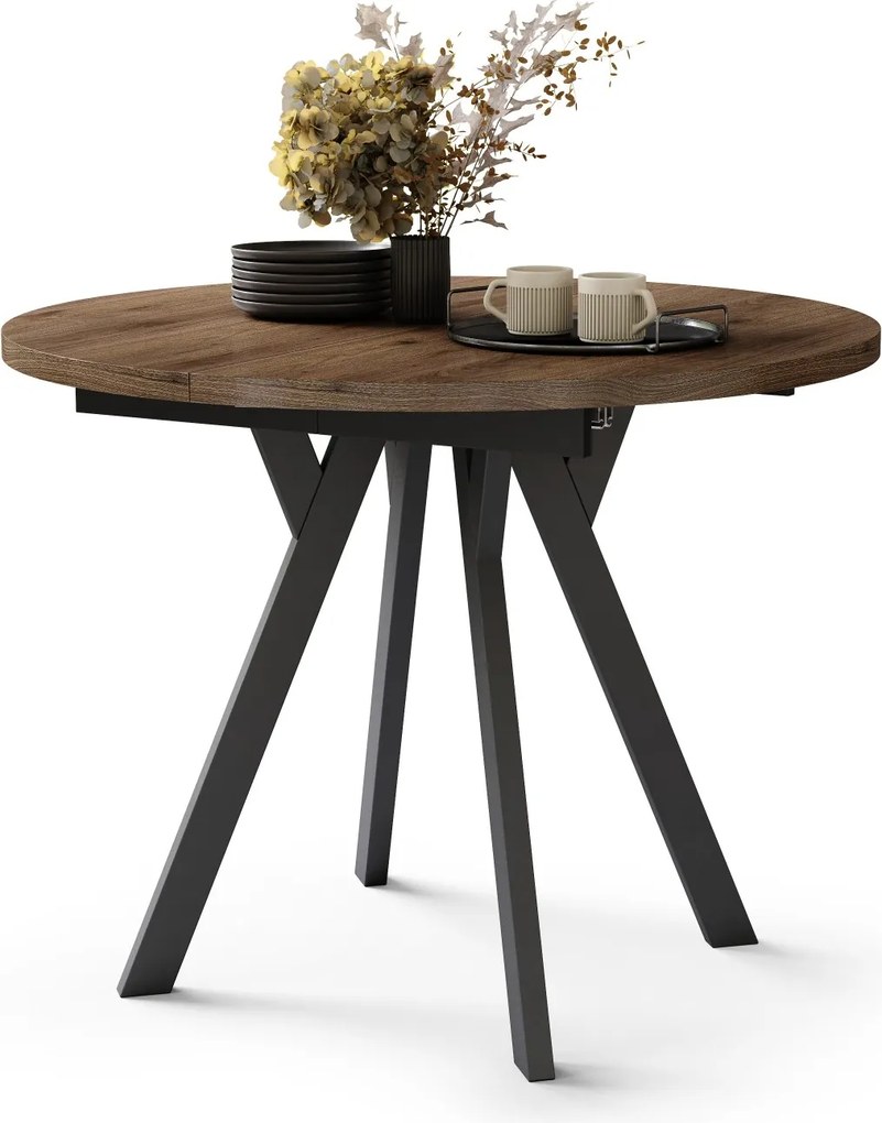 Mazzoni ALMO Nuc Elegant/picioare negre - MASĂ ROTUNDĂ EXTENSIBILĂ CU PICIOARE ÎN FORMĂ DE Y STIL LOFT PENTRU SALON/SUFRAGERIE