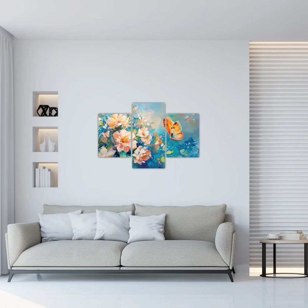 Tablou - Fluture și flori, pictură în ulei II. (90x60 cm)