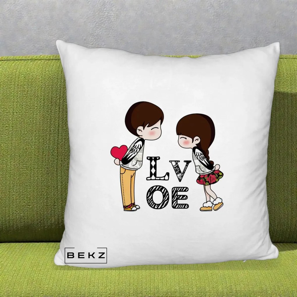 Cadou Romantic - Perna Personalizata Cuplu Kawaii LOVE, 40x40 cm, Alb Pufos, Husa Detasabila, Perna Inclusa, BEKZ®