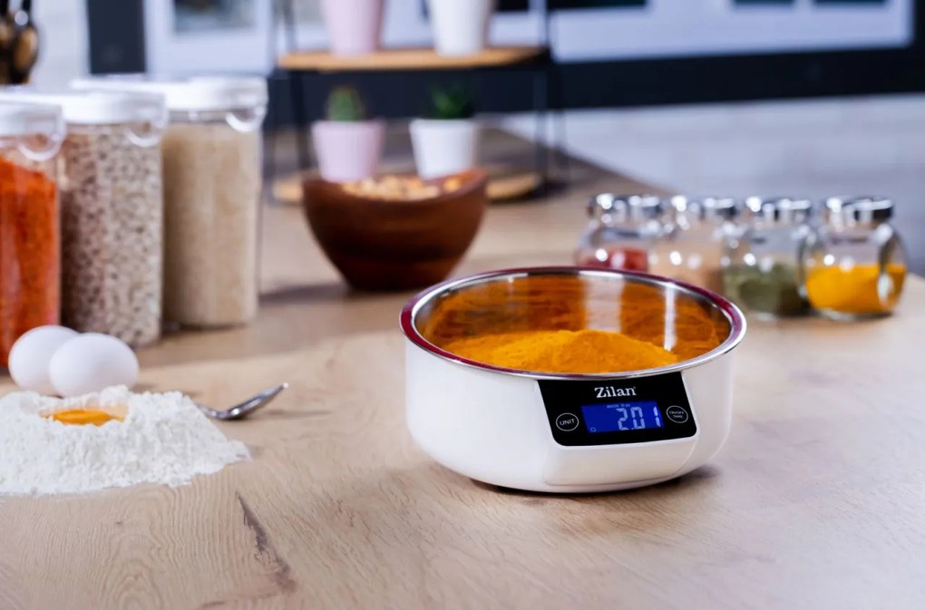 Cantar alimentar Zilan ZLN2977 Alb, ecran digital, bol de 900ml, capacitate maxima de 5 kg