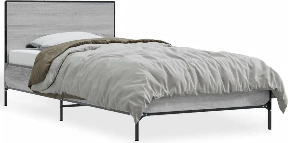 vidaXL Cadru de pat, gri sonoma, 75x190 cm, lemn prelucrat și metal