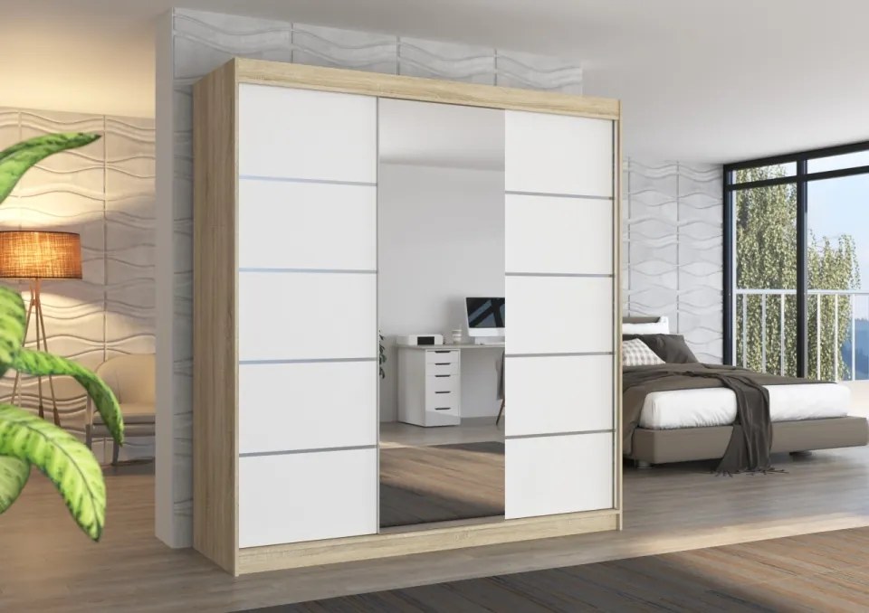 Dulap cu usi glisante si oglinda 200x215 cm, Bergen, ADRK Furniture (Culoare: Sonoma)