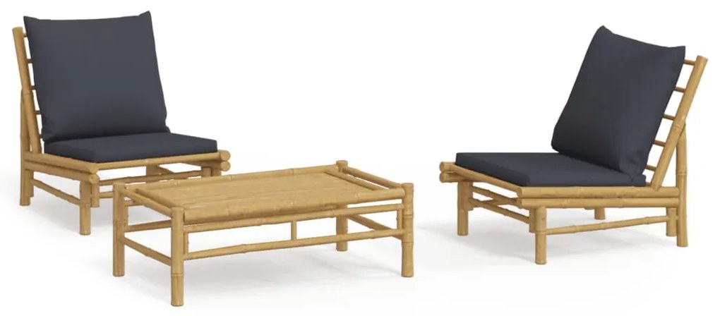 3156488 vidaXL Set mobilier de grădină, perne gri închis, 3 piese, bambus