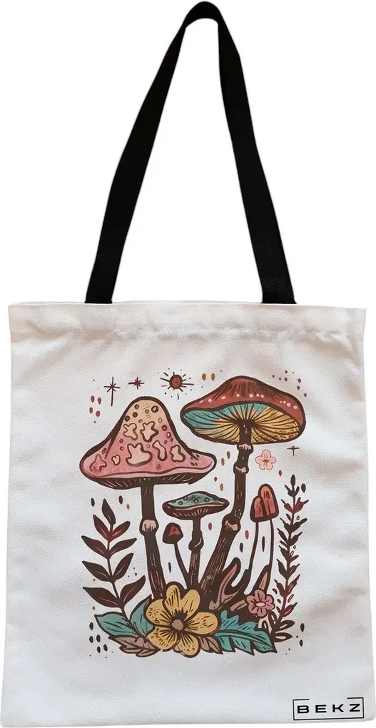 Sacosa de Panza pentru Cumparaturi, Geanta Tote, Colorful Mushrooms 4, Cu fermoar, 38x34.5 cm, Alba, BEKZ®