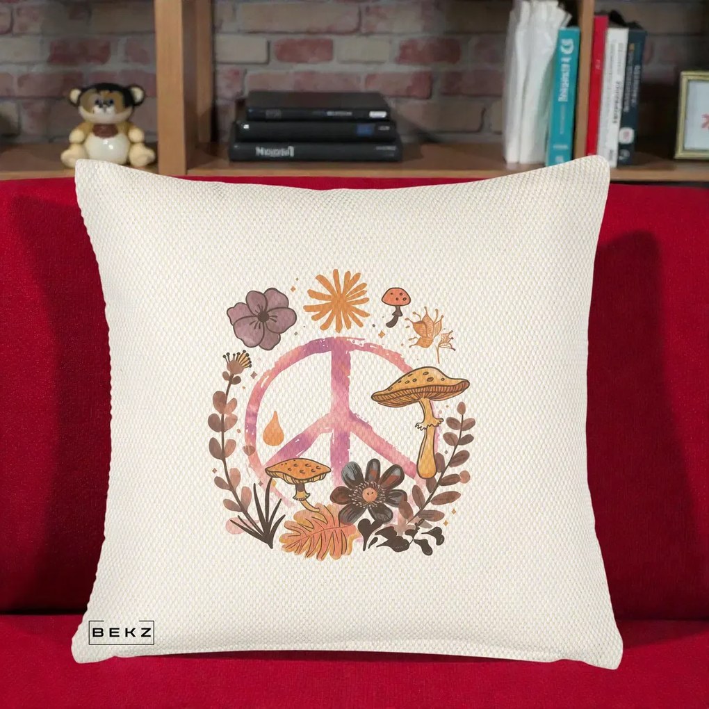 Perna Decorativa Peace Ciuperci Boho, 40x40 cm, Crem Reliefat, Husa Detasabila, Perna Inclusa, BEKZ®