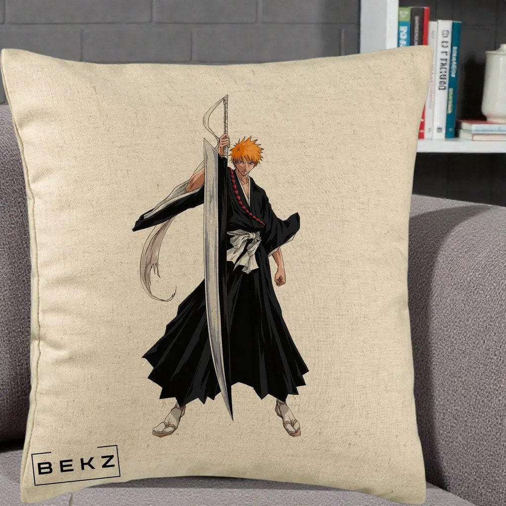 Perna Personalizata Bleach Ichigo Kurosaki Zangetsu, 40x40 cm, Bej, Husa Detasabila, Perna Inclusa, BEKZ®
