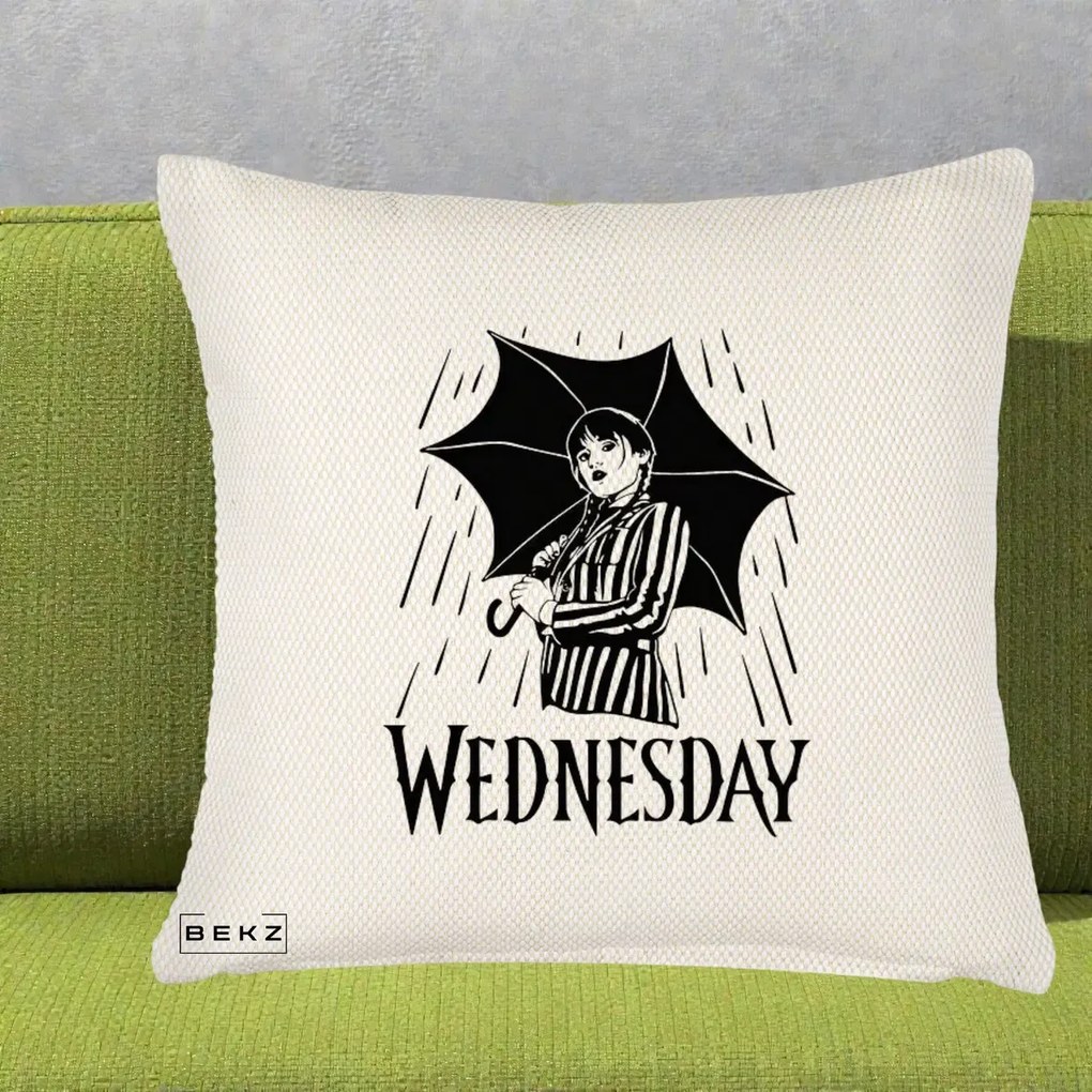 Perna Personalizata Wednesday cu Umbrela Ploaie Lineart, 40x40 cm, Crem Reliefat, Husa Detasabila, Perna Inclusa, BEKZ®