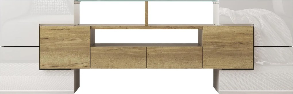 Dulap TV cu iluminare LED, suprafețe din sticlă, cu 6 uși, 2 sertare și 3 compartimente, 145x30x51 cm, Alb+Natur.