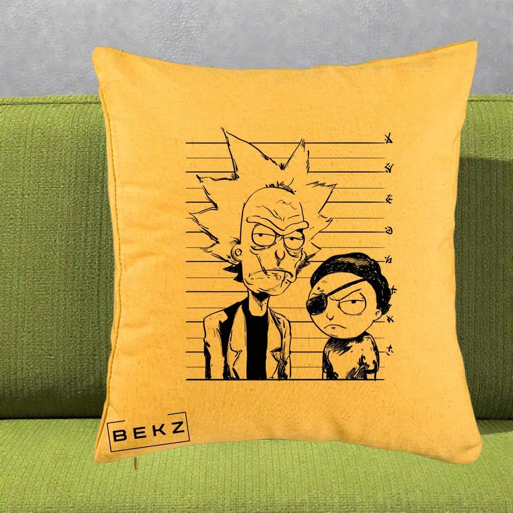 Perna Personalizata Rick si Morty Dosar, 40x40 cm, Galben, Husa Detasabila, Perna Inclusa, BEKZ®
