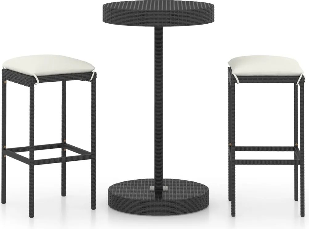 vidaXL Set mobilier bar de grădină cu perne, 3 piese, negru, poliratan