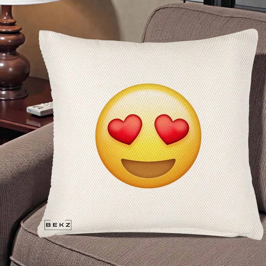 Perna Decorativa Emoji Inimi in Ochi, 40x40 cm, Crem Reliefat, Husa Detasabila, Perna Inclusa, BEKZ®