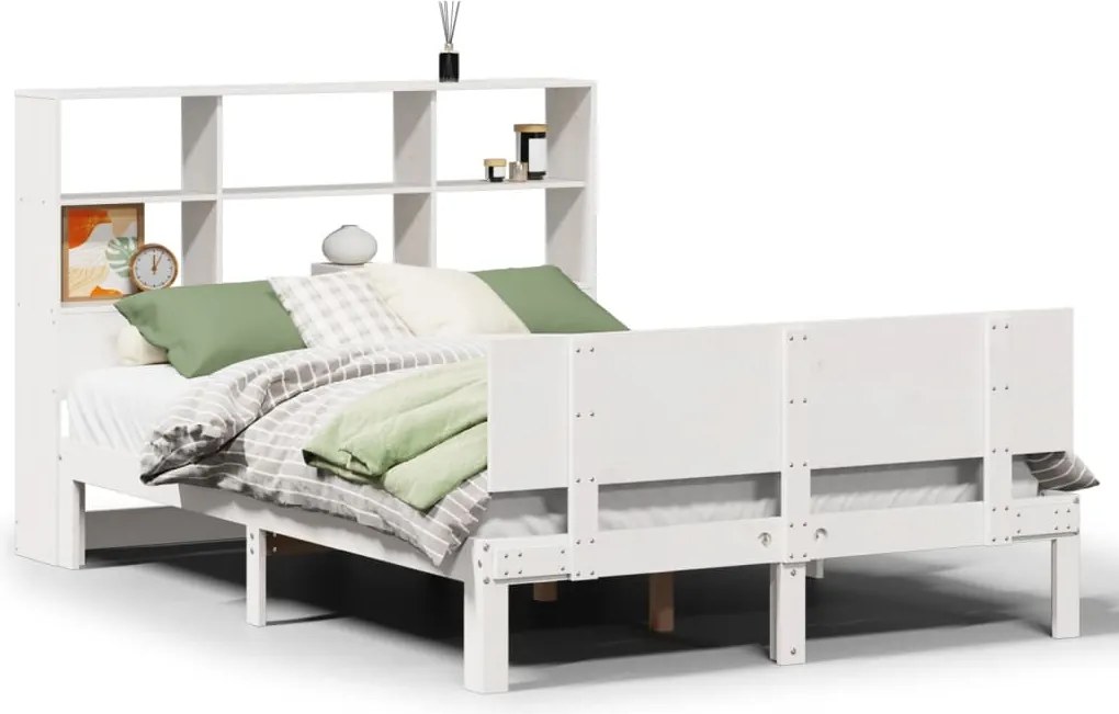 vidaXL Pat cu bibliotecă fără saltea, alb, 160x200 cm, lemn masiv pin