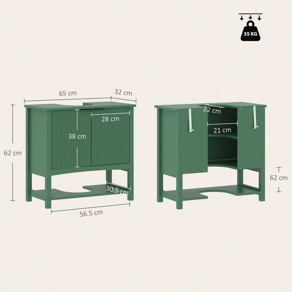HOMCOM Dulap Sub Lavoar cu 2 Uși, Raft Deschis și Design Modern, 65x32x62 cm, Verde | Aosom Romania