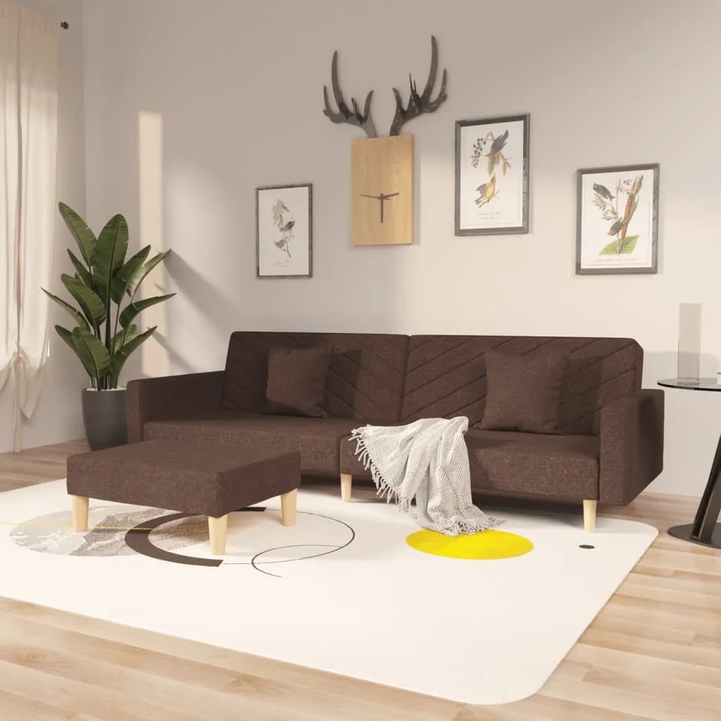 Canapea extensibilă 2 locuri, 2 perne&taburet, gri taupe textil